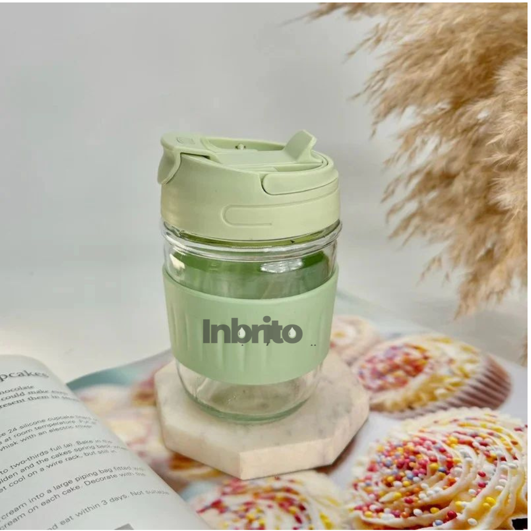Travel Glass Sipper with Lid and Straw- Reusable (Green)